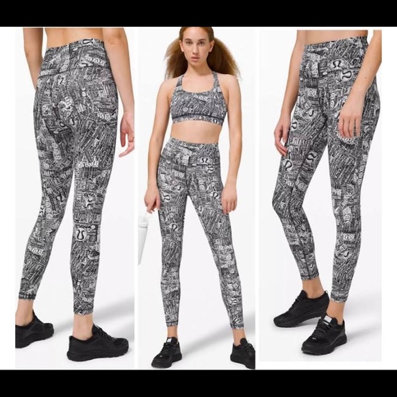 Lululemon Wunder Train HR Tight 25” Everlux LW5CQOS TRIU Black Logo Print Size 4